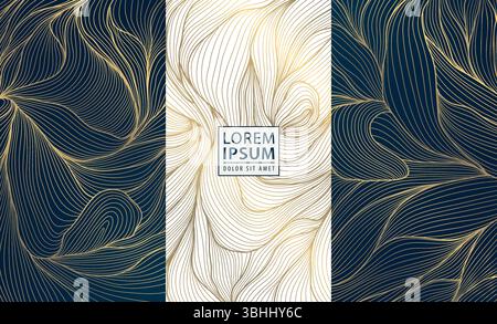 Confezione etichette Vector Gold, foglie di vino floreale, pacchetto vip Perfume Royal. Modello foglia, bellezza, gioielli, buoni regalo, striscioni. Illustrazione Vettoriale