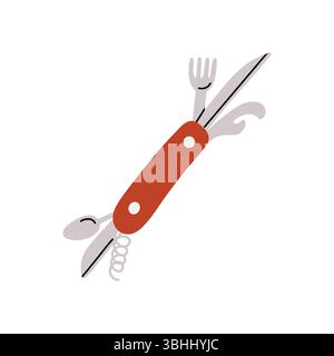 Coltello tascabile con cavatappi, forca e cucchiaio Illustrazione Vettoriale