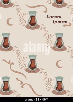 Modello minimale senza cuciture di icone di cibo halal con mezzaluna e tocco arabo per copertina di riviste, social media, merchandising. Illustrazione Vettoriale