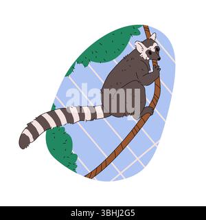 Lembo vettoriale o primato arboreo con illustrazione della coda a strisce lunghe. Emblema dell'animale della foresta tropicale del madagascar. Mammifero sul ramo degli alberi nello zoo o nel bosco. Segno di specie notturna.Zoologia, simbolo di biologia Illustrazione Vettoriale
