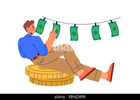 Banner o illustrazione vettoriale per il risparmio di reddito e denaro. L'uomo conta banconote sedute su una moneta d'oro. Risparmio finanziario e flusso di cassa, gestione patrimoniale e capitale. Pianificazione dei risparmi. Firma finanziaria. Illustrazione Vettoriale