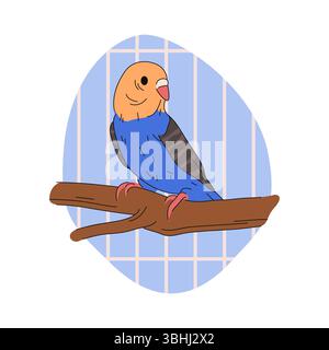 Pappagallo domestico su ramo o voce o uccello vocale in gabbia. Specie esotiche tropicali o volanti nella giungla o fauna aviaria con ala. Animali selvatici o specie dello zoo con mimetismo. Animale colorato. Zoologia e biologia. Illustrazione Vettoriale