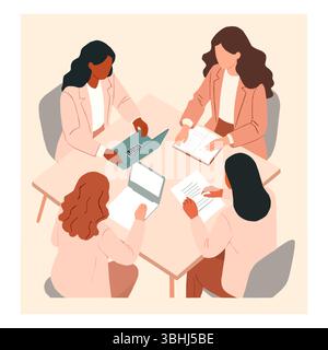 Illustrazione vettoriale di donne professionali che lavorano insieme a un tavolo, con computer portatili e documenti. Concetto di lavoro di squadra, ufficio, collaborazione e fem Illustrazione Vettoriale