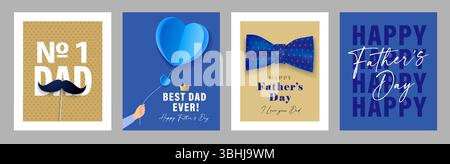 Miglior papà di sempre, buon giorno del papà set di biglietti d'auguri creativi 2025. Auguri per la buona festa del papà con baffi, palloncino di carta, papillon e lettere Illustrazione Vettoriale