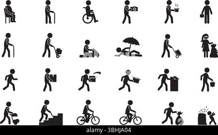 Una raccolta diversificata di figure di bastone raffiguranti varie attività e situazioni di vita Illustrazione Vettoriale