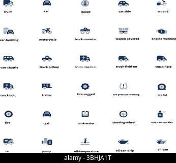 Una raccolta completa di icone del veicolo e del settore automobilistico, che illustrano vari tipi di veicoli Illustrazione Vettoriale