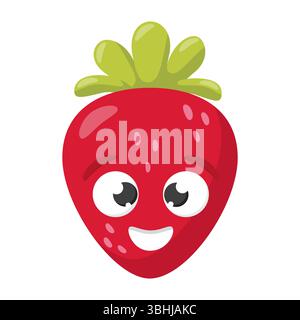 Fragola di cartoni animati con faccia sorridente e foglie verdi isolate su sfondo bianco, illustrazione del carattere vettoriale della frutta Illustrazione Vettoriale