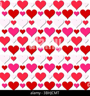 Sfondo perfetto per San Valentino. Sfondo rosa chiaro con varie forme di cuore in tonalità delicate, dal rosa al rosso. Romantico motivo ricorrente Illustrazione Vettoriale