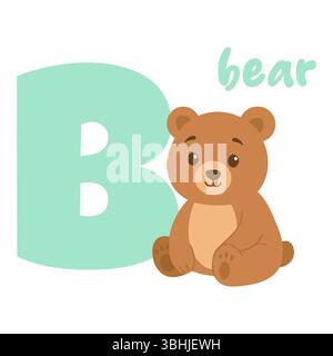 Un simpatico orso marrone si siede accanto a una lettera verde menta b creando una divertente scena di apprendimento dell'alfabeto in morbidi colori pastello Illustrazione Vettoriale