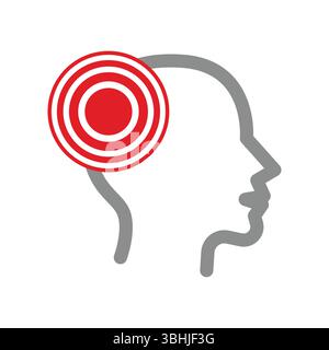 Mal di testa con testa e cerchio rosso. Dolore, icona vettoriale emicrania. Illustrazione Vettoriale