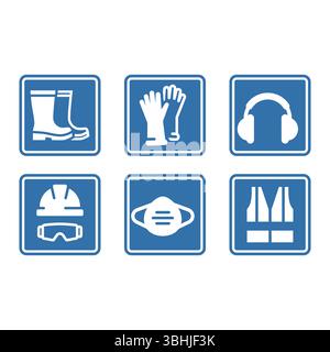 Set di cartelli PPE o dispositivi di protezione individuale. Set di icone di abbigliamento da lavoro, giubbotto protettivo, occhiali e elmetto. Illustrazione Vettoriale
