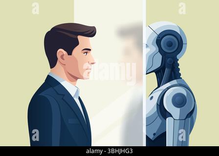Uomo di fronte al robot con intelligenza artificiale. Concetto di dissoluzione della personalità e scomparsa a causa dell'IA. Illustrazione vettoriale. Illustrazione Vettoriale