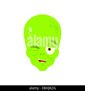Alieno strizza l'emoji. L'emozione degli UFO sorride. Verde invasore spaziale allegro Illustrazione Vettoriale