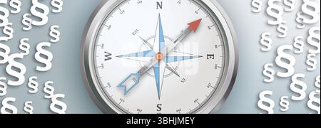 Paragrafi bianchi bussola grande al centro intestazione bussola Una bussola con i paragrafi bianchi su sfondo grigio. Foto Stock