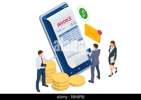 Concetto di pagamento delle fatture mobili Isometriche. Illustrazione vettoriale isometrica di bolletta elettronica, smartphone, icone di valuta e busta di notifica per Illustrazione Vettoriale