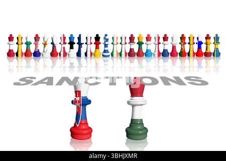 Scacchi fatti da bandiere dei membri dell'UE con SANZIONI a parole. Protesta tra Slovacchia e Ungheria Foto Stock