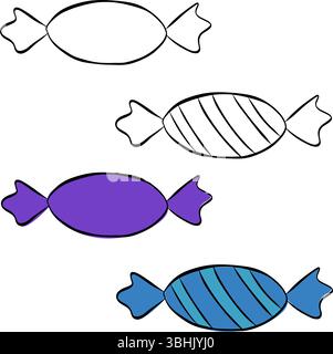 Involucro ovale di caramelle dure. isolato su sfondo trasparente. Illustrazione dell'inchiostro con linee grafiche vettoriali. Per poster, invito, sfondo, annuncio, promozione di vendita, Illustrazione Vettoriale