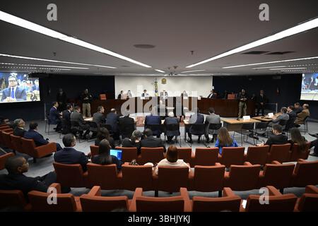 DF - BRASILIA - 06/10/2025 - BRASILIA, TESTIMONIANZA DEGLI IMPUTATI NEL QUADRO PRINCIPALE DELL'INDAGINE SU UN TENTATIVO DI COLPO DI STATO. - Punto di vista generale durante una sessione della Corte federale suprema in cui l'ex presidente brasiliano Jair Bolsonaro e sette co-imputati sono processati per il tentato colpo di Stato del gennaio 2023, a Brasilia, il 10 giugno 2025. Gli imputati nel processo per colpo di stato dell'ex presidente brasiliano di estrema destra Jair Bolsonaro hanno iniziato a testimoniare alla Corte Federale Suprema lunedì. Bolsonaro, che governò il Brasile dal 2019 al 2022, testimonierà insieme a sette co-imputati Foto Stock