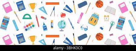 Sequenza ripetuta senza interruzioni, sfondo delle forniture scolastiche su sfondo bianco. Torna a scuola. Illustrazione Vettoriale