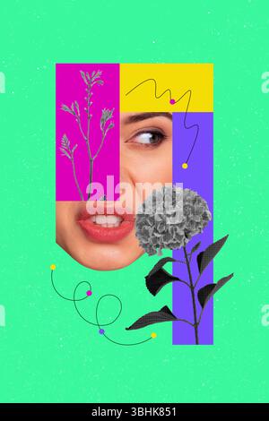 Modello poster grafica di tendenza collage fotografico 3D di emozioni insoddisfatte faccia giovane signora grimace disgusta pianta di fiori botanici confusa Foto Stock