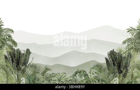 Murales naturali moderni: Montagne in scala di grigi e sfondo del paesaggio delle palme Foto Stock