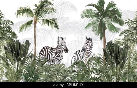 Murale minimalista per animali selvatici: Delicate Zebre, Toucans nella morbida foresta tropicale verde Foto Stock