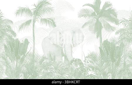 Murale di barriera faunistica: Elefanti, elefante bambino nella morbida foresta tropicale grigia Foto Stock