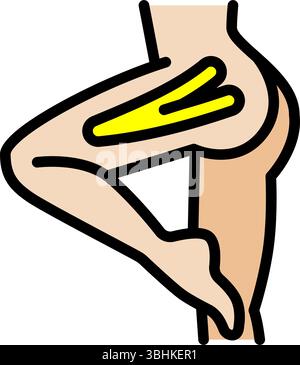 Icona di colore strisce di nastro kinesio per articolazione anca. Articolazioni e legamenti di supporto. Nastro terapeutico elastico. Gonfiore muscolare e riduzione del dolore. Isolata semplice Illustrazione Vettoriale