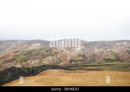 Ampia vista delle colorate montagne di riolite e del letto del fiume intrecciato a Landmannalaugar, Islanda. Un paesaggio vulcanico surreale e incontaminato nel cuore Foto Stock