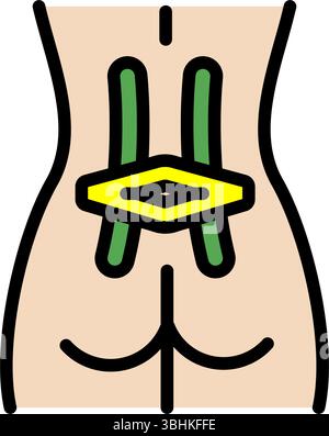 Icona del colore della colonna vertebrale con strisce kinesio sacro. Nastro terapeutico elastico. Gonfiore muscolare e riduzione del dolore. Articolazioni e legamenti di supporto. fla isolato Illustrazione Vettoriale