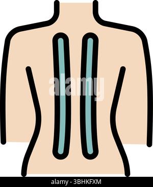 Nastro kinesio posteriore strisce dell'icona del colore della colonna vertebrale. Nastro terapeutico elastico. Gonfiore muscolare e riduzione del dolore. Articolazioni e legamenti di supporto. Piatto isolato Illustrazione Vettoriale