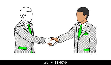 Diversi uomini d'affari stringono la mano per concludere un accordo. Moderna illustrazione vettoriale della line art che simboleggia la partnership, l'accordo e il successo. Illustrazione Vettoriale