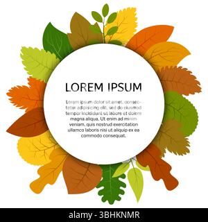 Foglie autunnali colorate sotto etichetta rotonda bianca. Scheda vettoriale con foglie gialle isolate su sfondo bianco Illustrazione Vettoriale