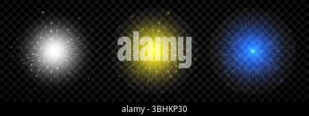 Effetto luminoso dei brillamenti dell'obiettivo. Set di tre luci luminose bianche, gialle e blu che brillano sullo sfondo trasparente. Il vettore Illustrazione Vettoriale