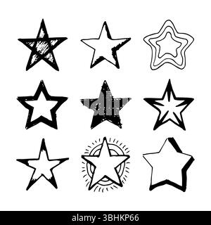 Doodle star. Set di nove stelle nere disegnate a mano isolate su sfondo bianco. Illustrazione vettoriale Illustrazione Vettoriale
