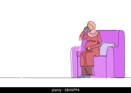 Una sola linea che porta una donna araba incinta che beve acqua seduto sul divano. Le donne in attesa si riposano a casa con il vetro. Gravidanza, assistenza sanitaria, Thi Illustrazione Vettoriale