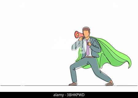 Linea singola continua che disegna supereroe che parla in megafono. Supereroe a cape, uomo d'affari felice con megafono, leader di squadra di successo. Dynami Illustrazione Vettoriale