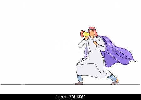 Una sola linea che disegna un supereroe che parla in megafono. Supereroe a cape, felice uomo d'affari arabo con megafono, leader di squadra di successo. Conti Illustrazione Vettoriale
