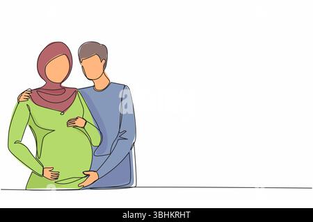 Una linea continua che disegna un'illustrazione piatta sulla gravidanza e sulla nascita del partner. Giovane donna araba incinta con marito. L'uomo si prende cura e si abbraccia ciao Illustrazione Vettoriale