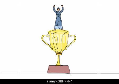 Una linea continua che disegna una donna d'affari araba alzò le mani e si alzò sopra il trofeo. Donna che celebra il suo premio d'affari. La metafora aziendale del suc Illustrazione Vettoriale