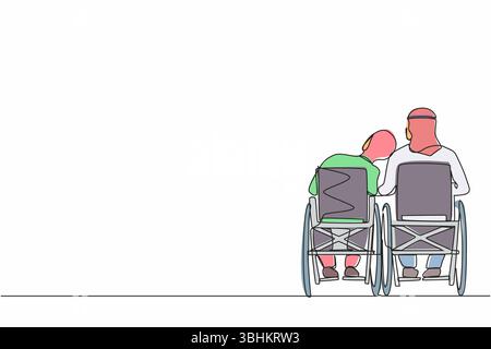 Una linea singola che disegna vista sul retro coppia araba con disabilità siede su sedie a rotelle e parla l'un l'altra. La donna poggia la testa sulla spalla dell'uomo. Cavolo Illustrazione Vettoriale