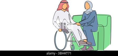 Singola linea disegnando coppia araba con disabilità uomo in sedia a rotelle tenendosi per mano con donna seduta sul divano. Assistenza riabilitazione del disabile Illustrazione Vettoriale