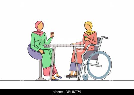 Linea singola continua che disegna due donne d'affari arabe che parlano alla riunione d'affari. I colleghi fanno una pausa caffè. L'uomo disabili beve un caffè con lui Illustrazione Vettoriale