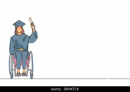 Un unico disegno continuo che include un'istruzione a costi contenuti. Laureata di studentessa disabile in sedia a rotelle ha imparato dal programma di scuola, u Illustrazione Vettoriale