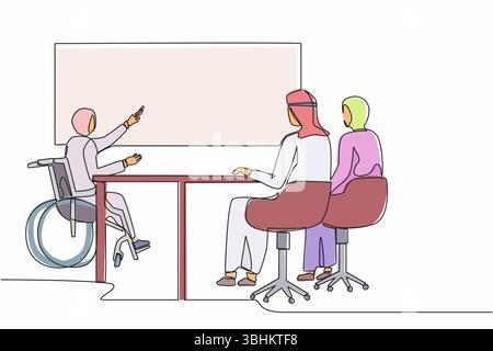 Continuo disegno di una linea disabile donna d'affari araba che dà presentazione ai colleghi. Collega che ascolta il dirigente disabili in sedia a rotelle pr Illustrazione Vettoriale