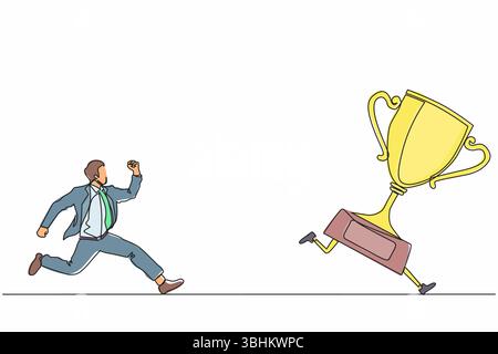 Un uomo d'affari con una linea continua che cerca di prendere il trofeo. Uomo che corre e insegue la Coppa dei vincitori dopo la fuga. Metafora della sfida aziendale. DIN Illustrazione Vettoriale