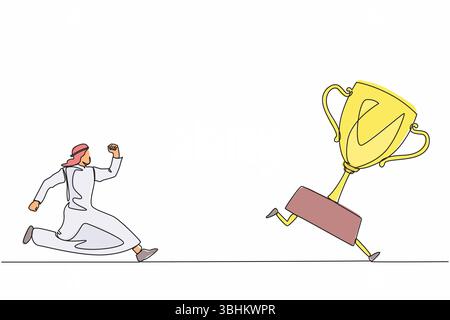 Una sola linea che attira un uomo d'affari arabo che cerca di prendere il trofeo. Uomo che corre e insegue la Coppa dei vincitori dopo la fuga. Metafora della sfida aziendale. Conti Illustrazione Vettoriale