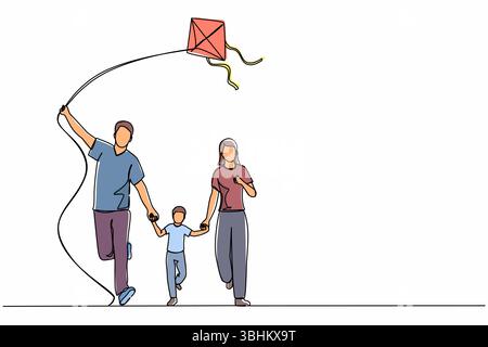 Weekend in famiglia con disegno a linea continua con genitori e bambini che camminano nel parco. Divertente corsa in famiglia, riposati nella natura in vacanza. Papa', mamma, un Illustrazione Vettoriale