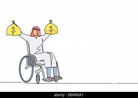 Una linea continua che attira un uomo d'affari arabo con un sacco di soldi da un dollaro. Indennità di assicurazione invalidità per persone in sedia a rotelle disabili. Protectio Illustrazione Vettoriale