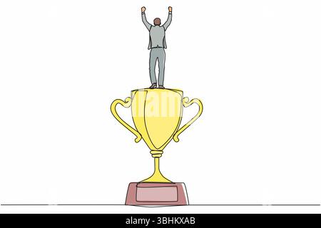 Un uomo d'affari con vista posteriore su una sola linea si trova sopra il trofeo. Metafora aziendale del successo e dell'apprezzamento. Giovane uomo che celebra i suoi affari A. Illustrazione Vettoriale